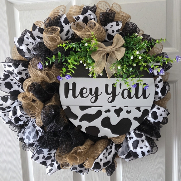 Rustic Cow Print Wreath with Burlap and Greenery - Picture 9 of 9